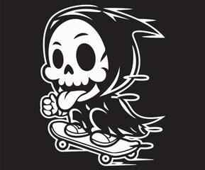 An illustration of a grim reaper riding a skateboard with his tongue out.