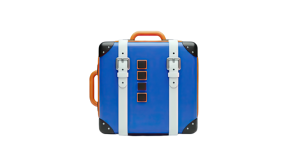 Blue suitcase with orange handles and white straps