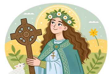 St Brigid with Cow Lamb Daffodil Illustration, Cute Saint Brigid Celtic Cross Floral Crown Vector, Irish St Brigid's Day Shamrock Candle Art, St Brigid Spring Symbols Cow Daffodil Graphic, Whimsical I