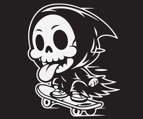 Grim reaper riding a skateboard with his tongue out.