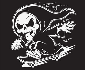 Illustration of the grim reaper riding a skateboard with his tongue out.