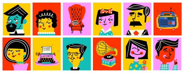 Retro character portraits and vintage objects set in naive modern style