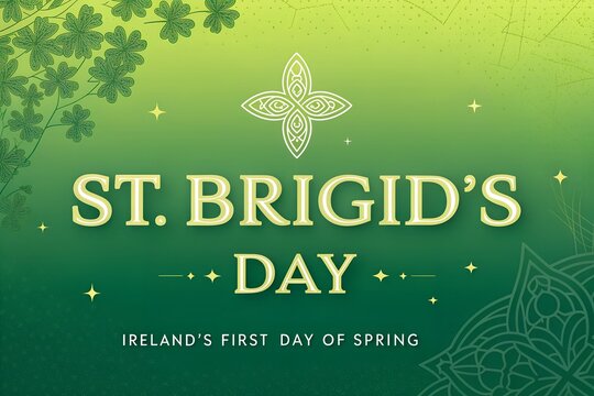 St Brigid's Day Ireland's First Day of Spring Greeting, Happy L&aacute; Fh&eacute;ile Br&iacute;de Celtic Green Card, Imbolc Celebration Ireland Map Silhouette, St Brigid Feast Day Spring Renewal Image, Traditional Irish 