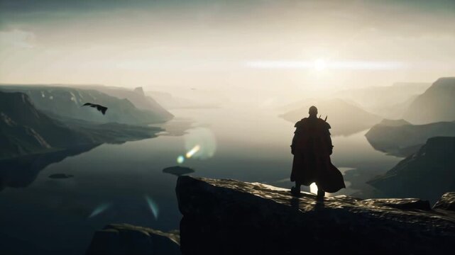 Epic Viking warrior standing cliff edge, overlooking foggy Scandinavian fjord sunrise, dynamic light rays piercing mist, cloak fluttering wind, ravens flying, cinematic cinematic cinematic epic 4k