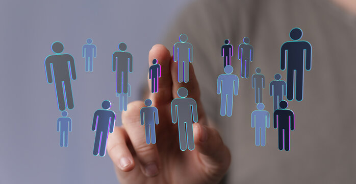 Connecting people online concept with finger touching a virtual interface to network. Social media and team or - Powered by Adobe