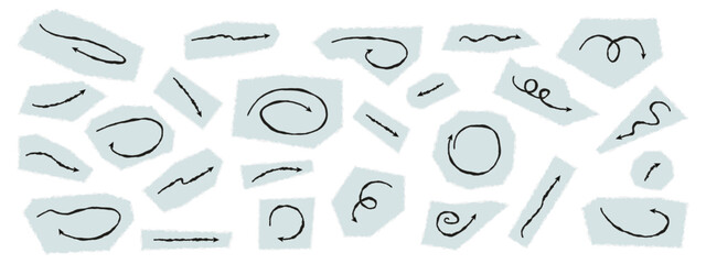 Uneven arrows for scrapbooking and collage on vintage paper with torn edges. Doodle collection on scraps of journal strips.A set of cut-out pieces of kraft paper with cute doodles. Vector elements.