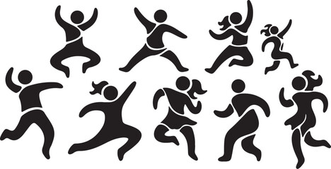 Black silhouettes of people running and jumping in various poses