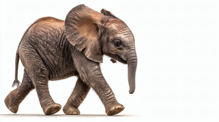 Obraz premium Small Baby Elephant Walking Across White