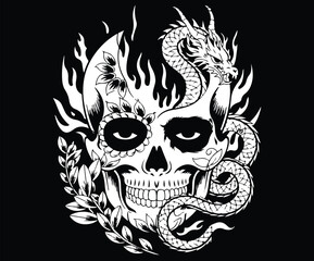 An art concept blending a skull, fire, and a dragon into one image