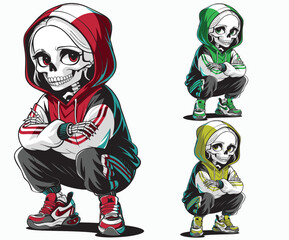A cute skeleton girl wearing a hoodie crouched down and smiling.