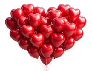 Illustration of many red shiny balloons in shape of a heart flying on transparent