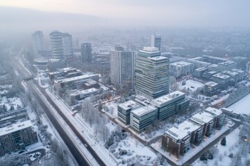 Urban city landscape with modern skyscrapers covered in snow and fog