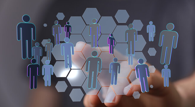 Hand touching digital human icons representing networking, teamwork, and global connections. Technology and com - Powered by Adobe