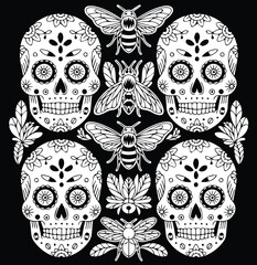 Skulls wrapped in botanical and ornamental motifs.