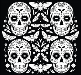 Floral swirls and ornamental accents embellish the skulls.