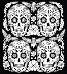 Detailed flowers and ornaments grace the surface of the skulls.