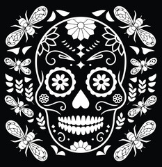 Skull is embellished with floral elements and ornamental lines.