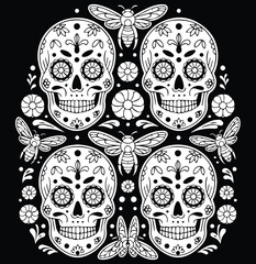 Floral and decorative motifs cover the surface of the skulls.
