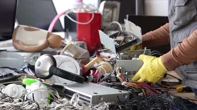 Dismantling electronic waste on a third world landfill, old gadgets and computers, manual labor, unsafe conditions, scrap electronics, recycling, toxic materials, poverty
