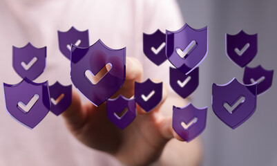 Concept of cybersecurity, protection, safety, and validation. Hand interacting with digital shields. Symbol of secure technology, int