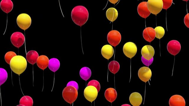 Colorful balloons rise into the air against a transparent background. Pro Res 4444.