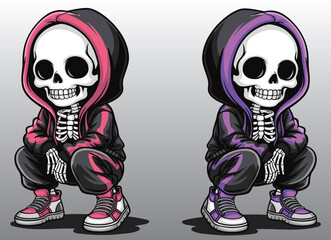 Illustration of a cute skeleton wearing a hoodie in a crouching position.