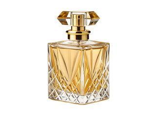 Angular crystal glass perfume bottle with golden accents and geometric cut patterns isolated on a transparent background