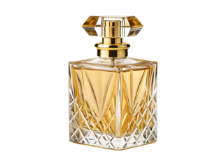 Angular crystal glass perfume bottle with golden accents and geometric cut patterns isolated on a transparent background