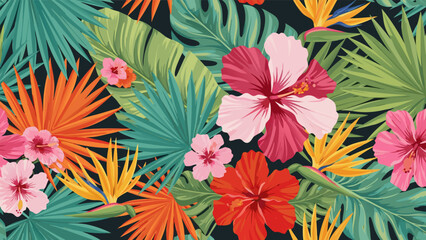 Tropical floral seamless pattern vector illustration - vibrant exotic plants and flowers in a lush jungle aesthetic © PDWN Creative