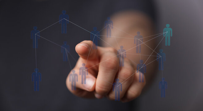 Hand touching digital interface of social network, people connections and communication concept. Networking and - Powered by Adobe