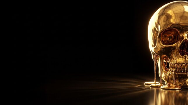 Luxurious 3D art concept of dripping golden metal bone. Memento mori and wealth metaphor. Cinematic dramatic lighting.