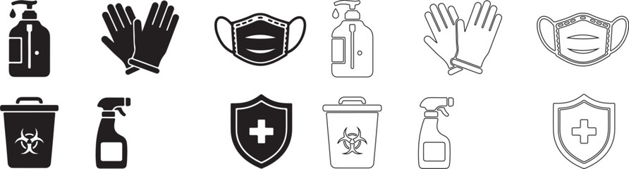Obraz premium Vector Set of Hygiene, Health, and Safety Icons with Solid and Outline Styles isolated PNG with Transparent Background