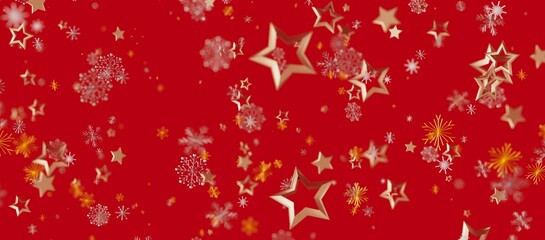 Christmas background with gold stars and snowflakes floating on a red backdrop, perfect for holiday designs.