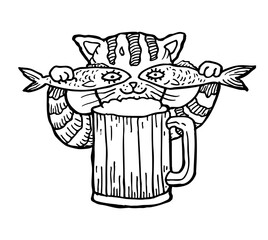 A cat drinking from a beer mug holds a fish instead of eyes, linear ink drawing, tattoo, stamp, seal