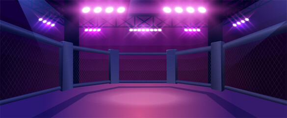 Empty mma ring with fencing, spotlights illuminated, cartoon vector arena for sports fighting, wrestling and competition © sabelskaya