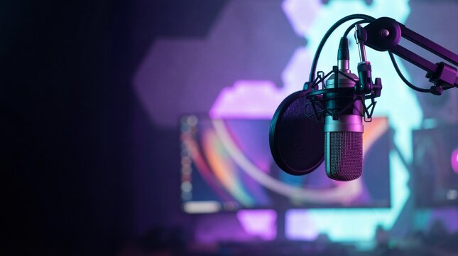 Streaming and recording setup. Condenser mic in home studio with neon lights. Concept for podcast, gaming or ASMR content creation.