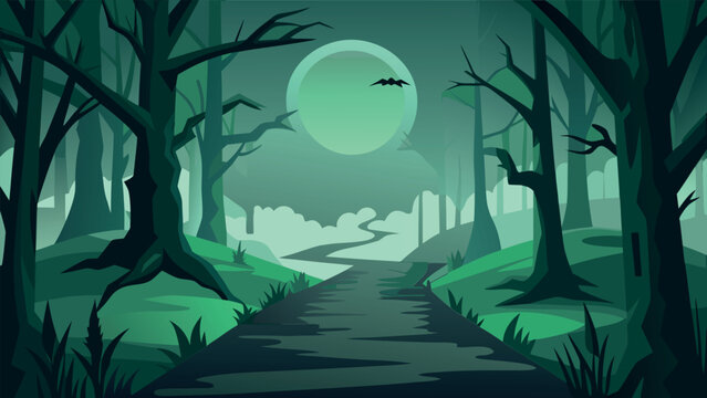 Spooky Forest Landscape at Night with Large Full Moon and Dark Silhouetted Trees