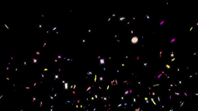 Triple explosion of colored confetti on transparent background. Pro Res 4444.