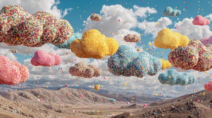 Whimsical Scene With Candy Clouds and Colorful Sprinkles Falling Over a Dreamy Landscape in Fun and Playful Arrangement