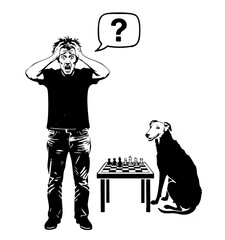 A man is shocked, hands on his head, with a question mark thought bubble. He stands next to a chessboard where a dog sits calmly, observing the game