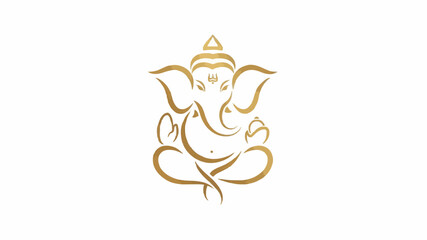 Golden line art illustration of Ganesha sitting in a meditative pose on a white background with a serene and minimalist design.