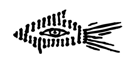black and white image of a stylized fish made of brushstrokes, with an eye in the center