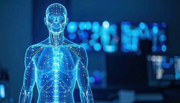 Integrative Medicine Innovation: Holographic acupuncture meridian projected over human body
