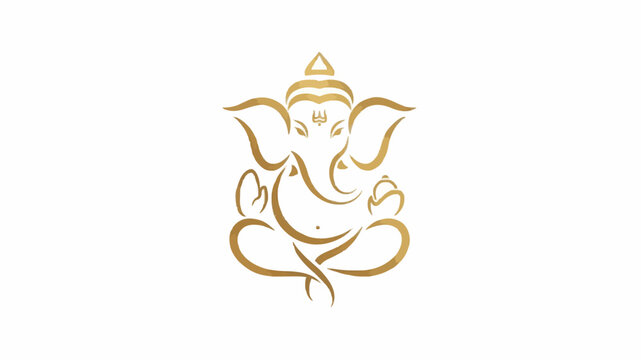 Golden line art illustration of Ganesha sitting in a meditative pose on a white background with a serene and minimalist design.