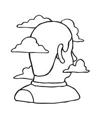 Human head surrounded and partially hidden by clouds, linear ink drawing, tattoo, stamp, seal