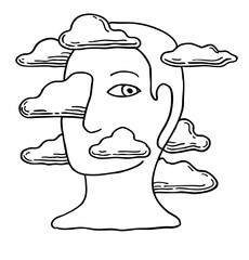 Human head surrounded and partially hidden by clouds, linear ink drawing, tattoo, stamp, seal