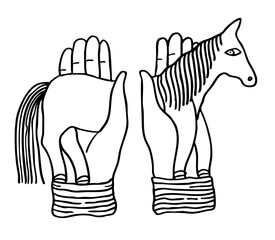 A minimalist line drawing depicts two hands, each holding a horse