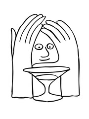 A stylized line drawing shows a face peering out between two large hands, with a martini glass in the foreground