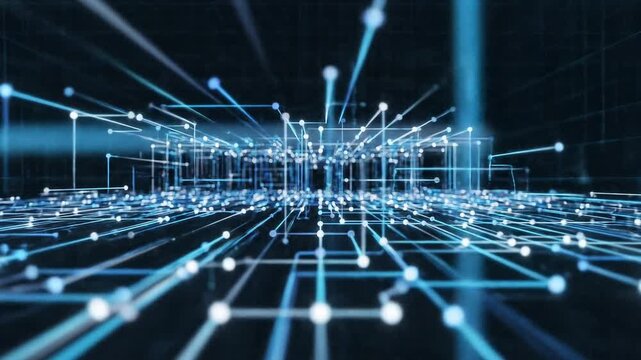 digital data network grid with blue glowing lines and particles moving in cyber space 4k