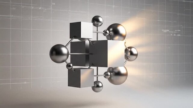abstract geometric animation of metallic spheres and gray cubes connecting in a digital 3d space